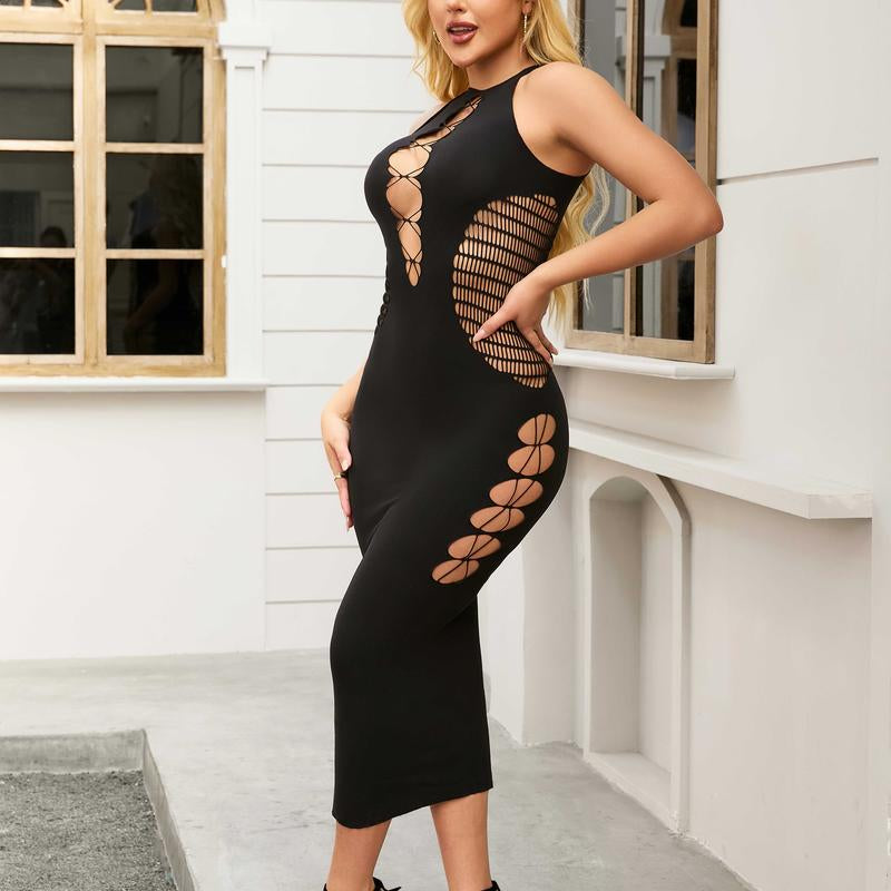 MILAMILA Sexy Tight Skinny Hip Skirt,Hot Girl Cutout Black Dress,Bold Elegant Alluring Dress, Sleeveless Dress, Black Dress, Female Summer Dress
