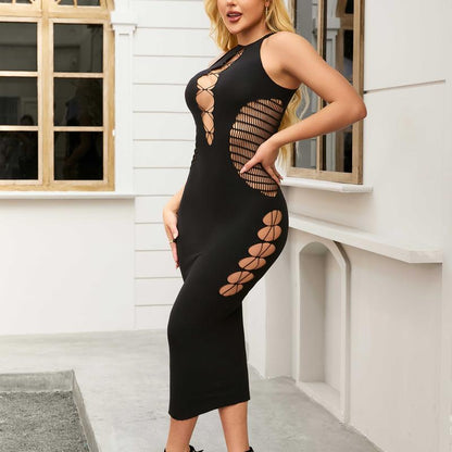 MILAMILA Sexy Tight Skinny Hip Skirt,Hot Girl Cutout Black Dress,Bold Elegant Alluring Dress, Sleeveless Dress, Black Dress, Female Summer Dress